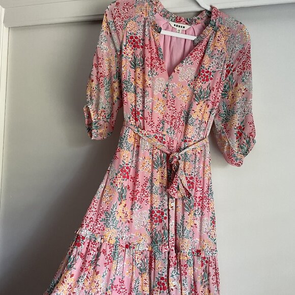 Boden Garden Bouquet Puff Sleeve Tiered Ruffle Midi Dress 10P Pink Floral Boho - Picture 3 of 16